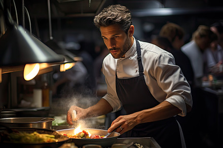 professional chef in a restaurant ki, a Photo by SaroStock