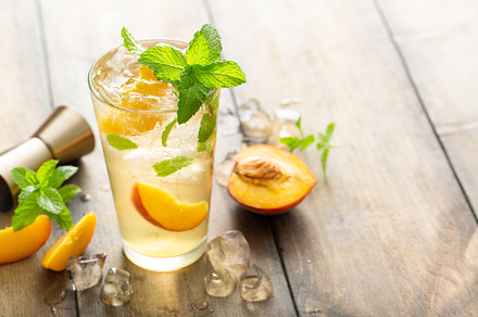 Summer peach mojito cocktail with fresh mint, lime and peach slices, a Food & Drink Photo by farwasser