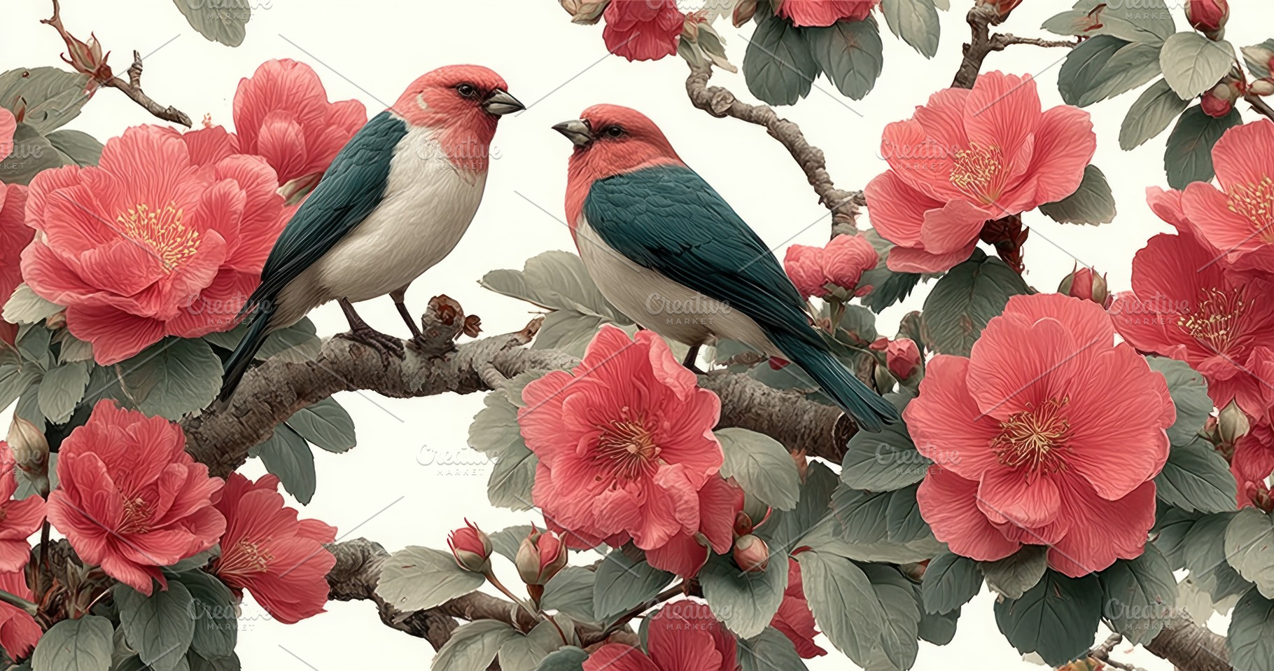 Two colorful songbirds perched on flowering branches surrounded, a Nature Photo by José Manuel Gelpi