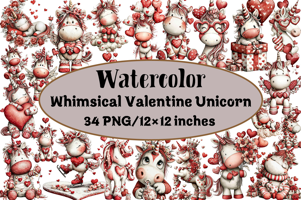 Whimsical Valentine Unicorn Clipart, an Illustration by Design Market (Photo 1 of 3)