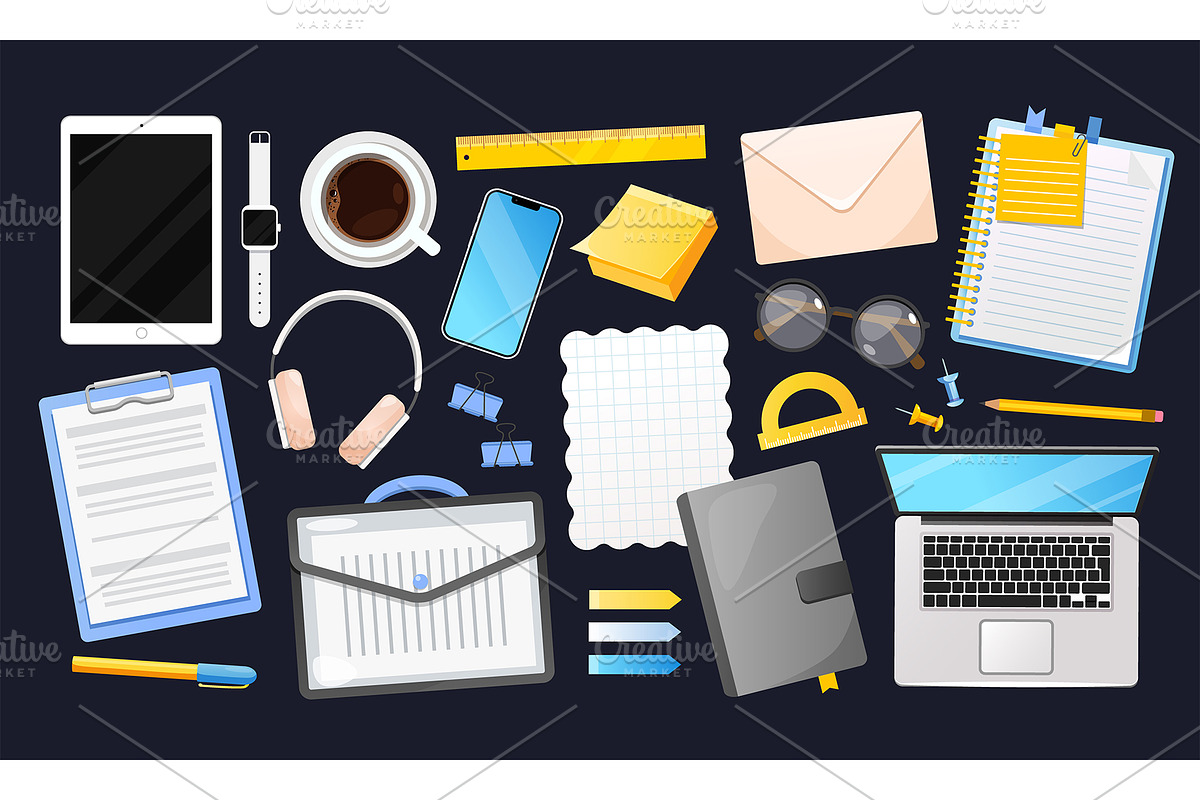Office stationery vector cartoon set, a Technology Illustration by Elen_Art