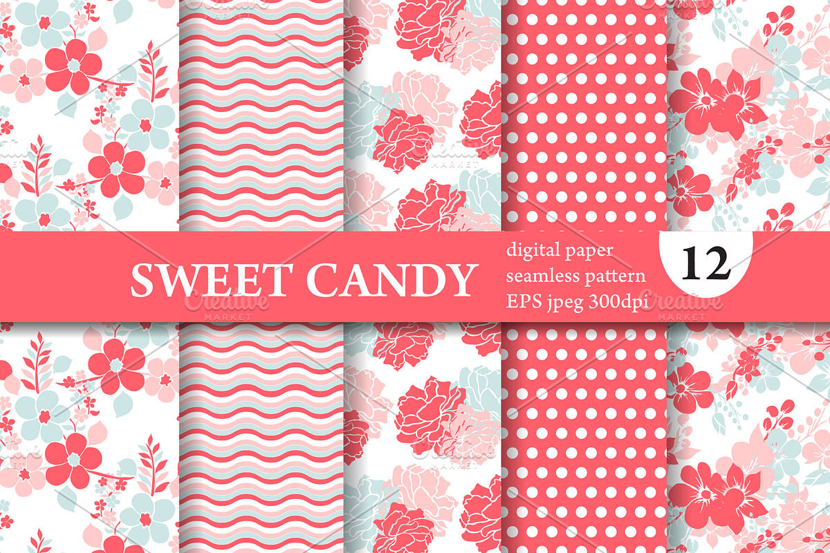12 Pink Blue Floral Patterns Set