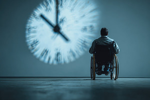 Rear view of man in wheelchair looking at large blurred clock pr, an Abstract Photo by Ales Munt