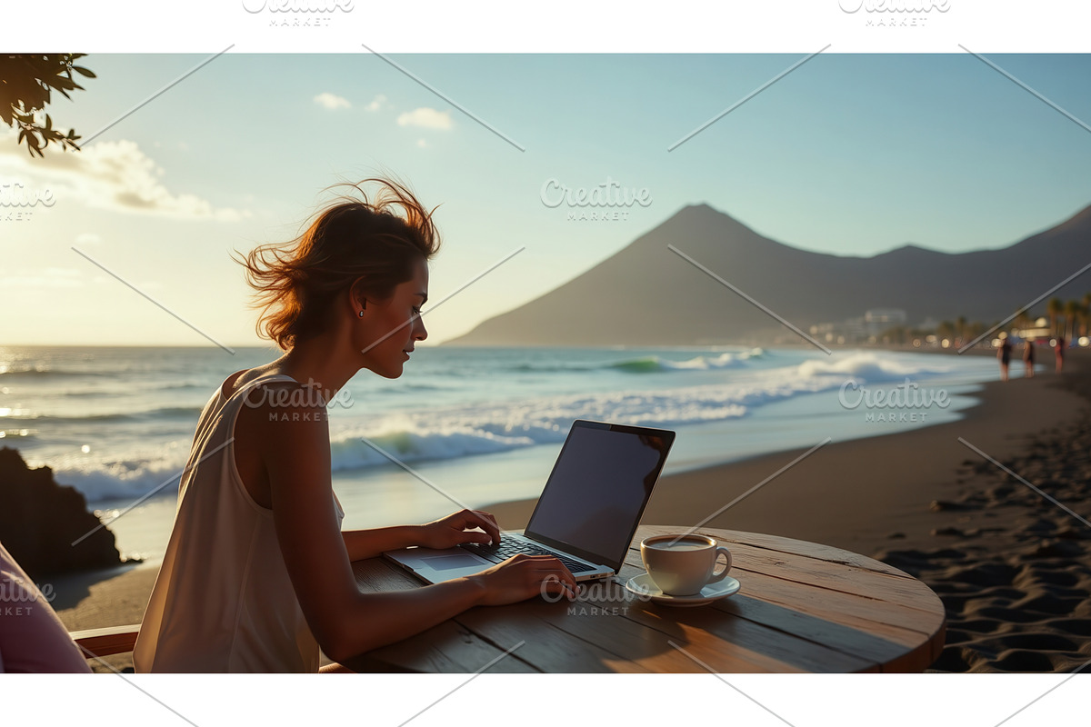 Woman working on a laptop at a, an Illustration by tilialucida