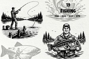 Vintage Fishing Engraving Graphics, a Sport Illustration by DENIDigitalArtSudio