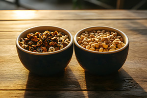 Assorted dry snacks in ceramic bowls on wooden table, a Food & Drink Photo by Photostock