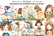 Watercolor Summer Girls Clipart, an Illustration by designcity5 (Thumbnail 1 of 5)