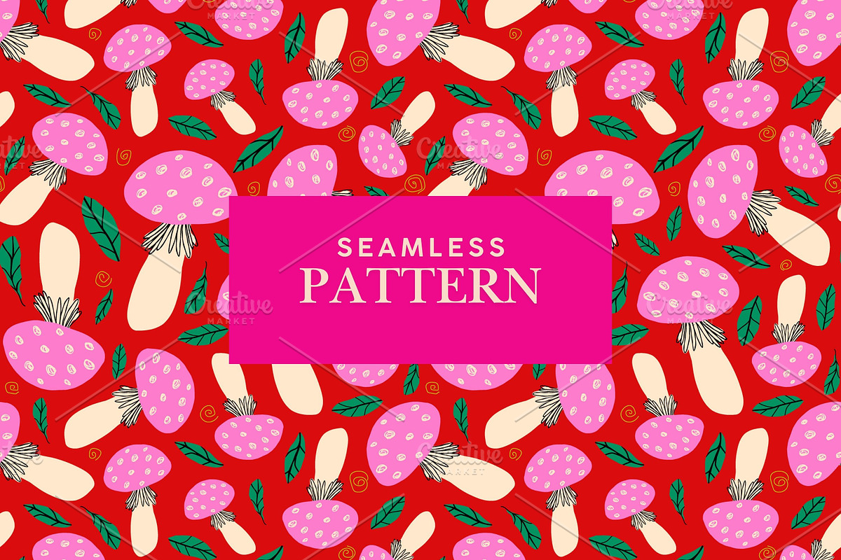 Red Hand Drawn Pattern with Mushroom, a Pattern Graphic by Art's and patterns (Photo 1 of 3)