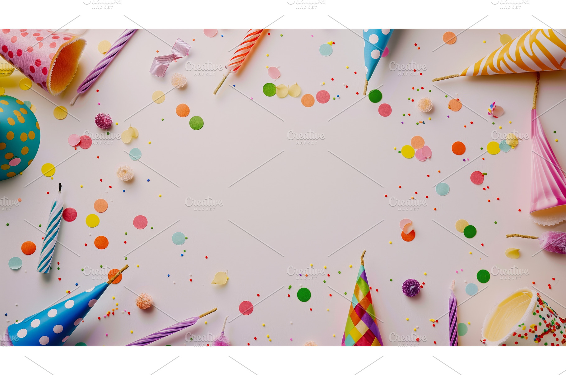 Colorful party supplies scattered on, a Holiday Photo by Sergey Kotenev