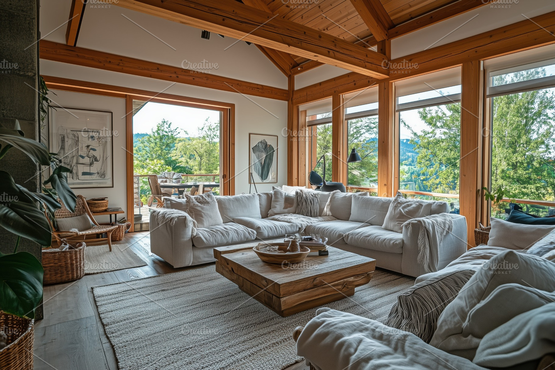 A cozy Scandinavian interior design style living room with large