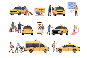 Taxi service users. Passengers call, a Transportation Illustration by YummyBuum