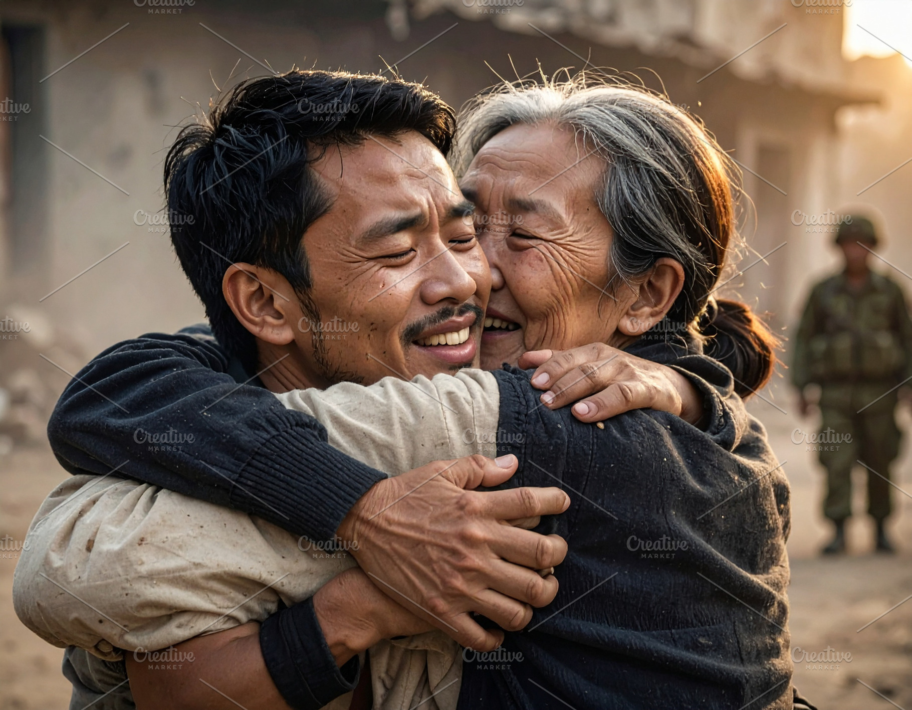 Young man released hostage crying with joy embracing his mother, a Person Photo by DanFLCreativo