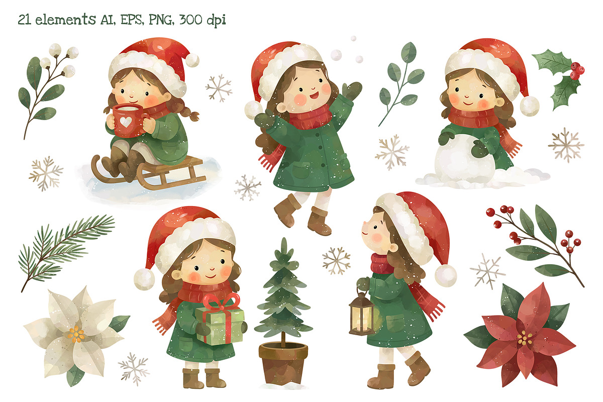 Christmas Girls Watercolor Clipart, a Seasonal Illustration by Hanna's ArtLab (Photo 2 of 6)