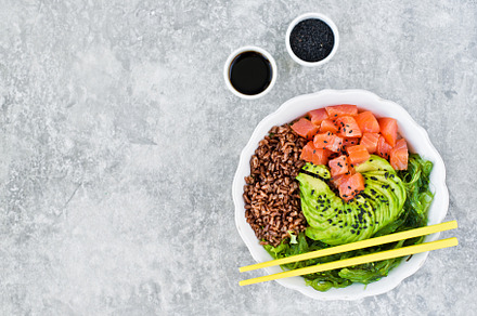 Poke bowl containing appetizer, asian, and avocado, a Food & Drink Photo by composter-box@mail.ru