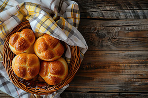 Freshly different baked buns in basket on wooden table, a Food & Drink Photo by AlyaAnd