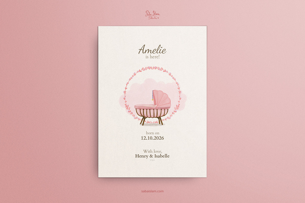Elegant Pink Birth Announcement, a Card Template by SabaIslam.Studio (Photo 4 of 8)