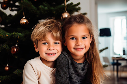 A couple of kids sitting next to a christmas tree created with generative AI te, a Holiday Photo by OSORIOartist
