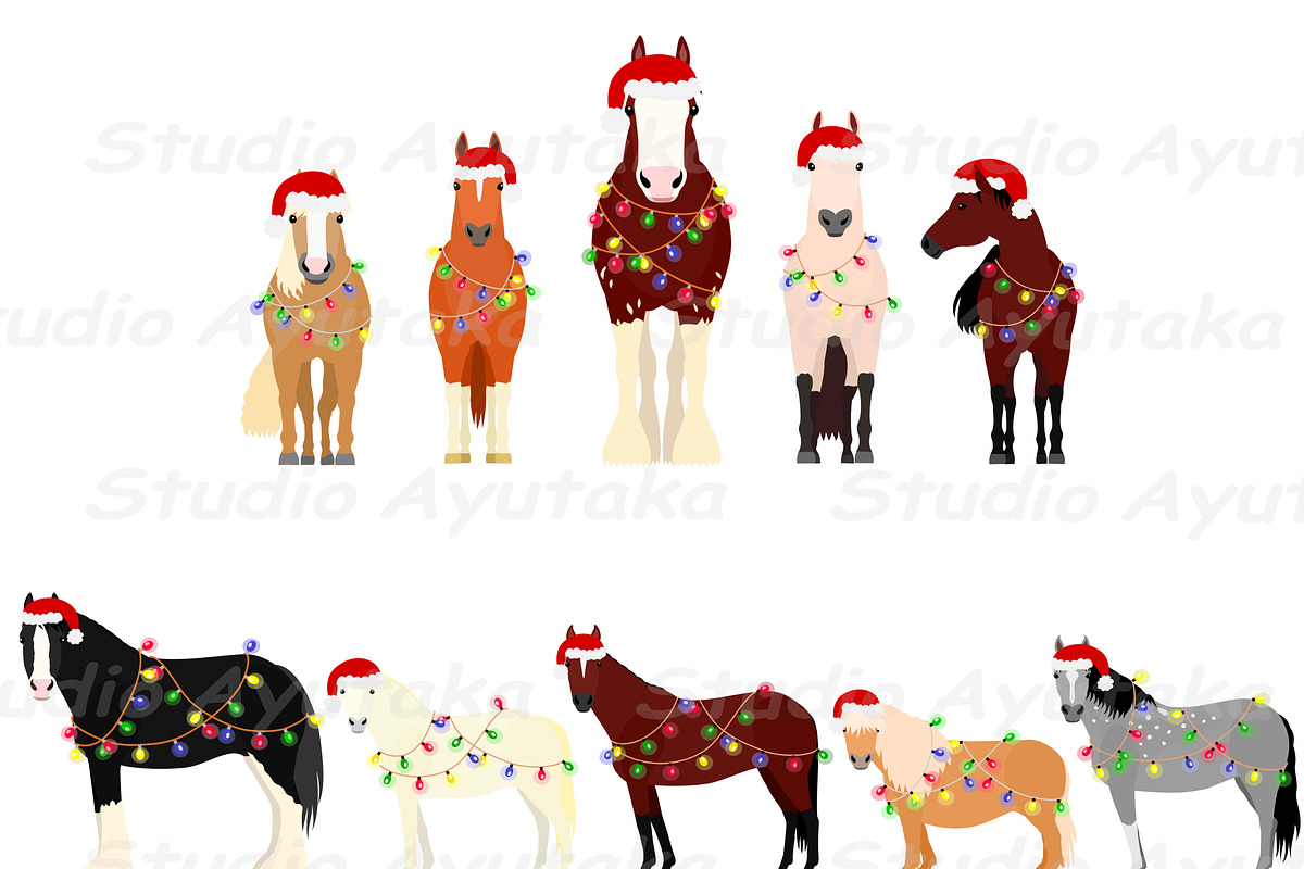 10 Christmas Horses Clipart Set, an Animal Illustration by dogsinarow (Photo 2 of 5)