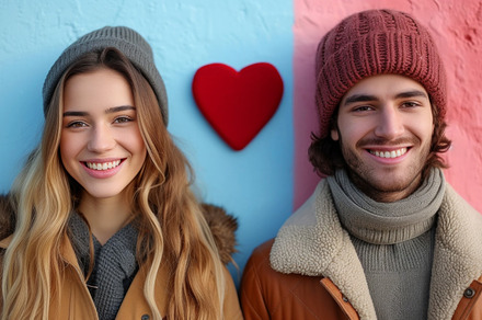 Young couple in warm clothes with heart on color background, clo, a Holiday Photo by AS photostudio