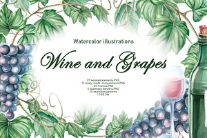 Wine and Grapes,watercolor clip art