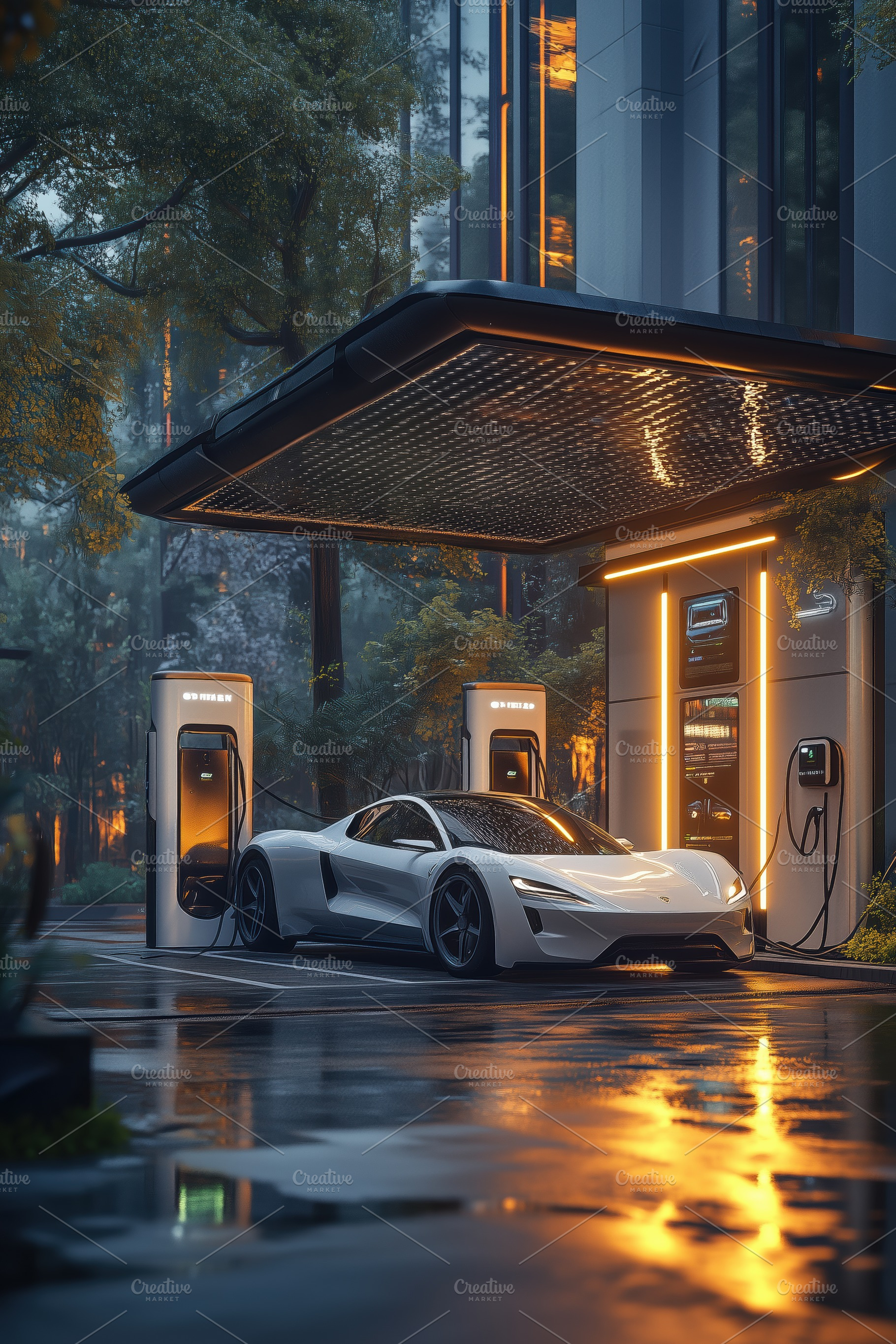 A sleek white electric car charging at a modern charging station in a futuristi, a Technology Photo by Textures & Backgrounds