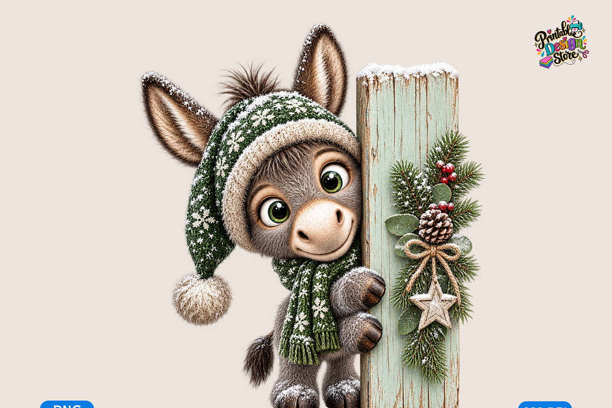Snowy Donkey Peeking Behind Wood, a Seasonal Illustration by Printable Design Store (Photo 1 of 3)
