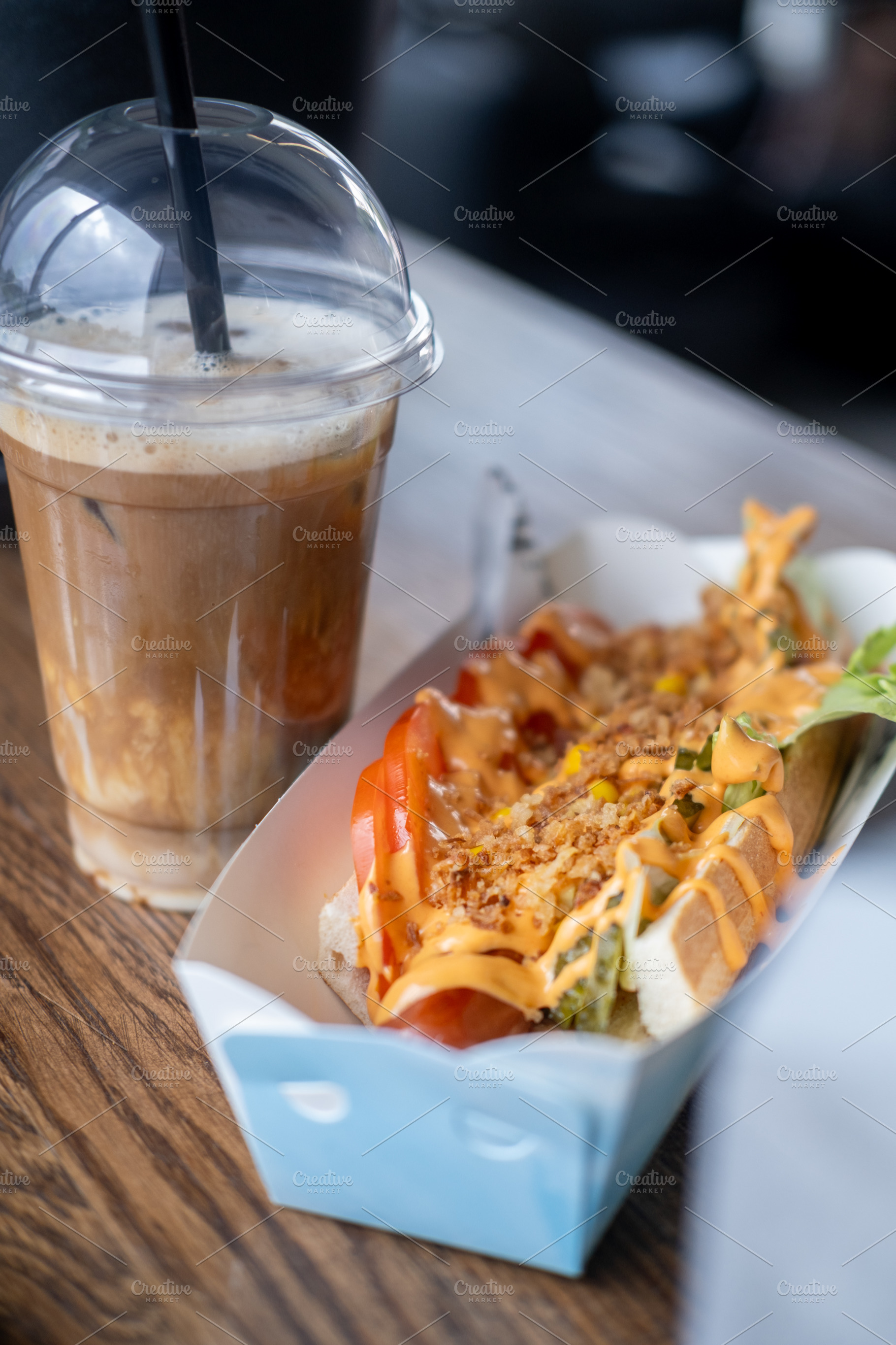 Fast food iced latte coffee hot dog takeout cup, a Food & Drink Photo by Photo Drive Studio