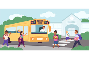 Students with school bus. Funny kids, a Transportation Illustration by YummyBuum