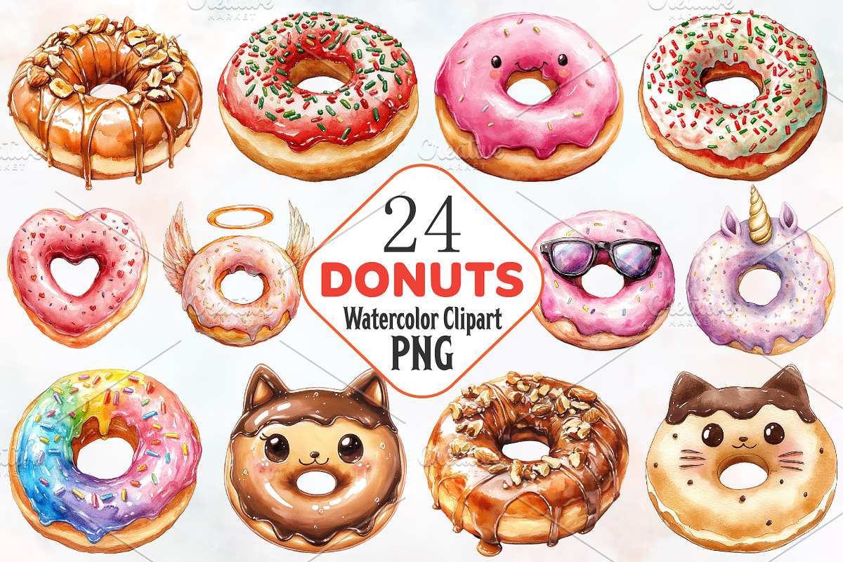Donut Watercolor Cliparts, an Illustration by RobertsArt (Photo 1 of 7)
