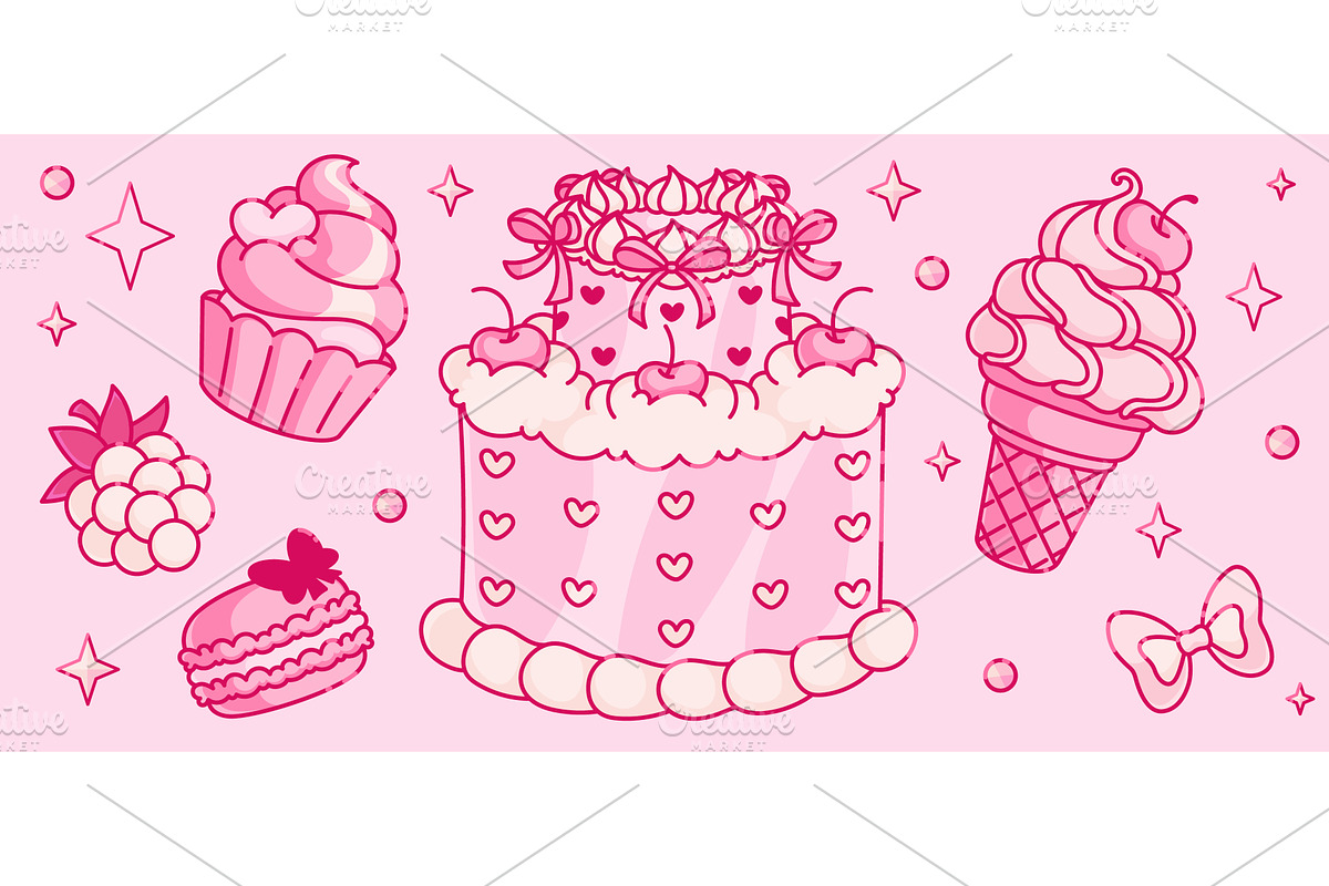 Coquette Y2K aesthetic dessert icons, an Illustration by art PVP - market