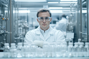 Male scientist with face mask looking on a petri dish under a microscope in mod, a Health & Medical Photo by AlyaAnd