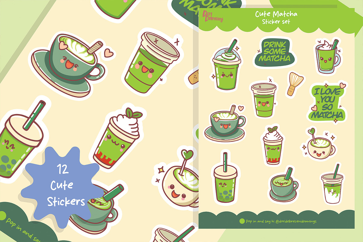Cute Kawaii Matcha Sticker Set, an Illustration by Dori Debreceni draws (Photo 2 of 6)