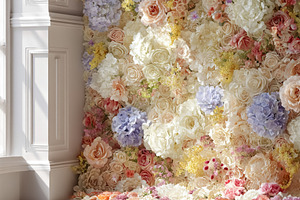 Flower wall full of colorful blossoms, including roses and hydra, a Photo by Studio ANNA