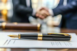 White paper document with fountain pen against businessmen shaki, a Business Photo by AlyaAnd