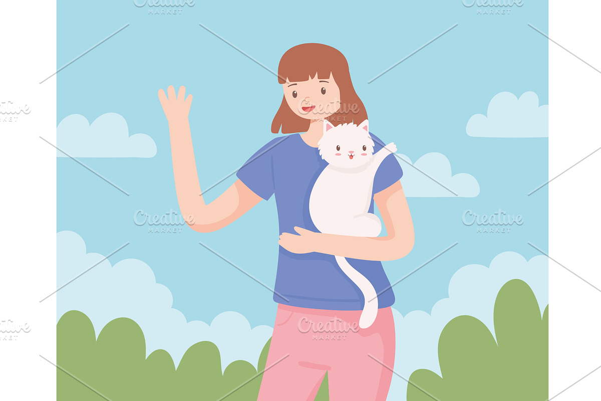 cute girl holding cat, a Person Illustration by studiogstock