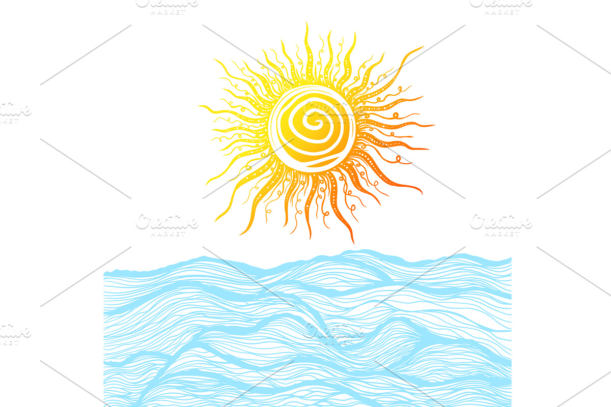 Sea graphic waves and the sun. Hand, an Illustration by Nenahliadava Design