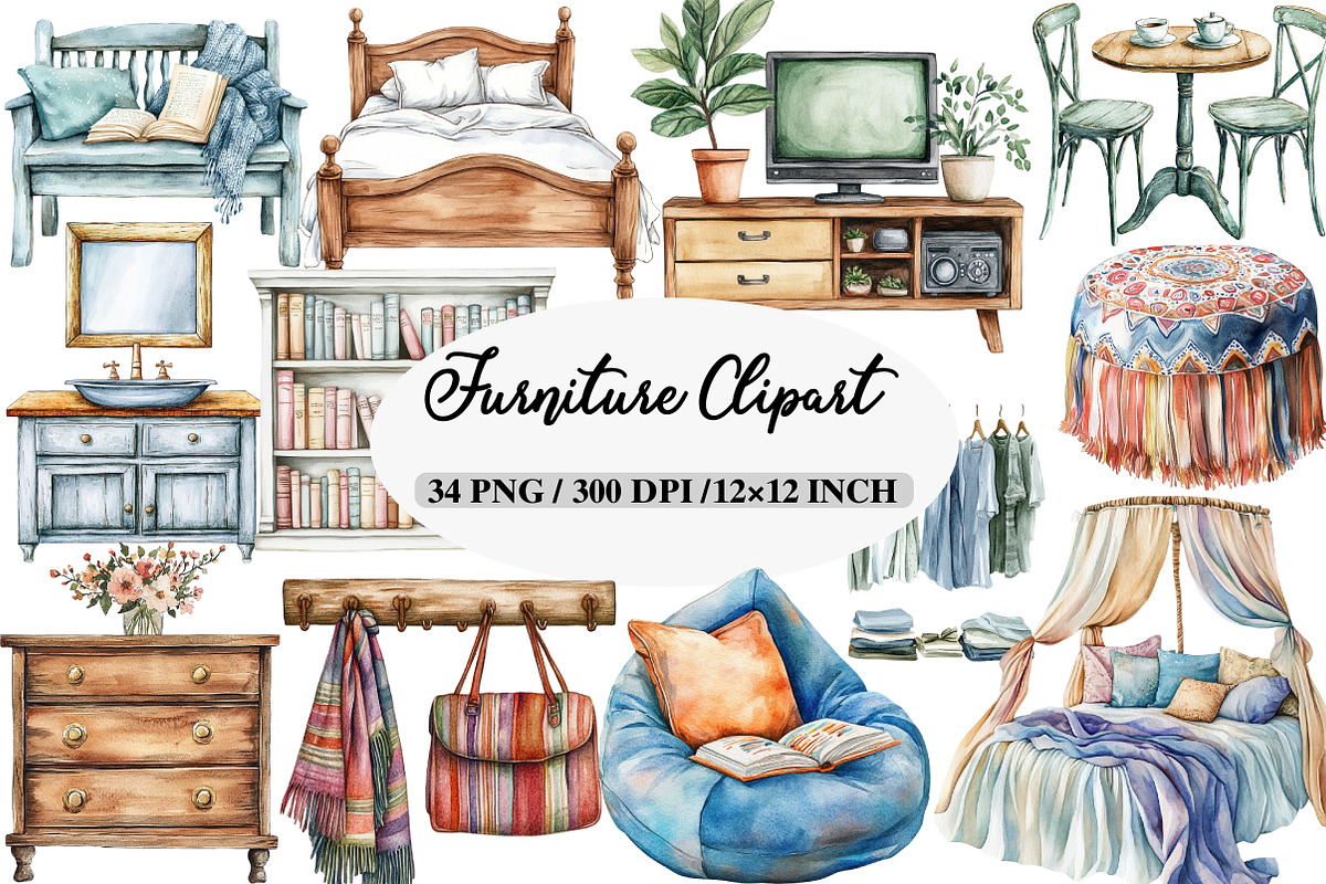 Watercolor Furniture Clipart Bundle, an Illustration by Daily.Designs (Photo 1 of 5)