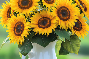 Bright sunflowers arranged in a white ceramic vase on a rustic wooden table at, a Nature Photo by AlyaAnd