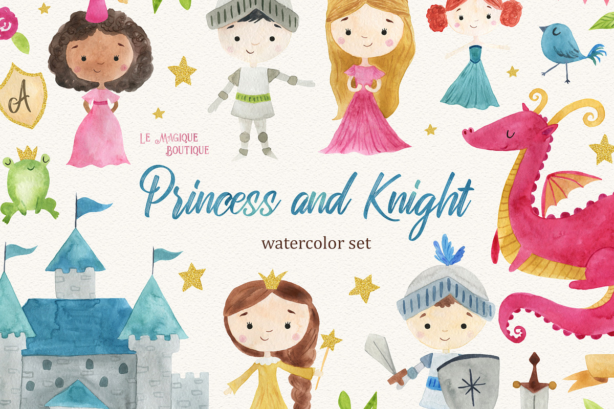 Princess & Knight Watercolor Clipart, a Decorative Illustration by LeMagiqueBoutique (Photo 1 of 7)