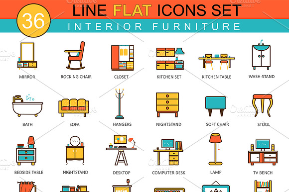 36 Furniture Flat Line Icon Set.