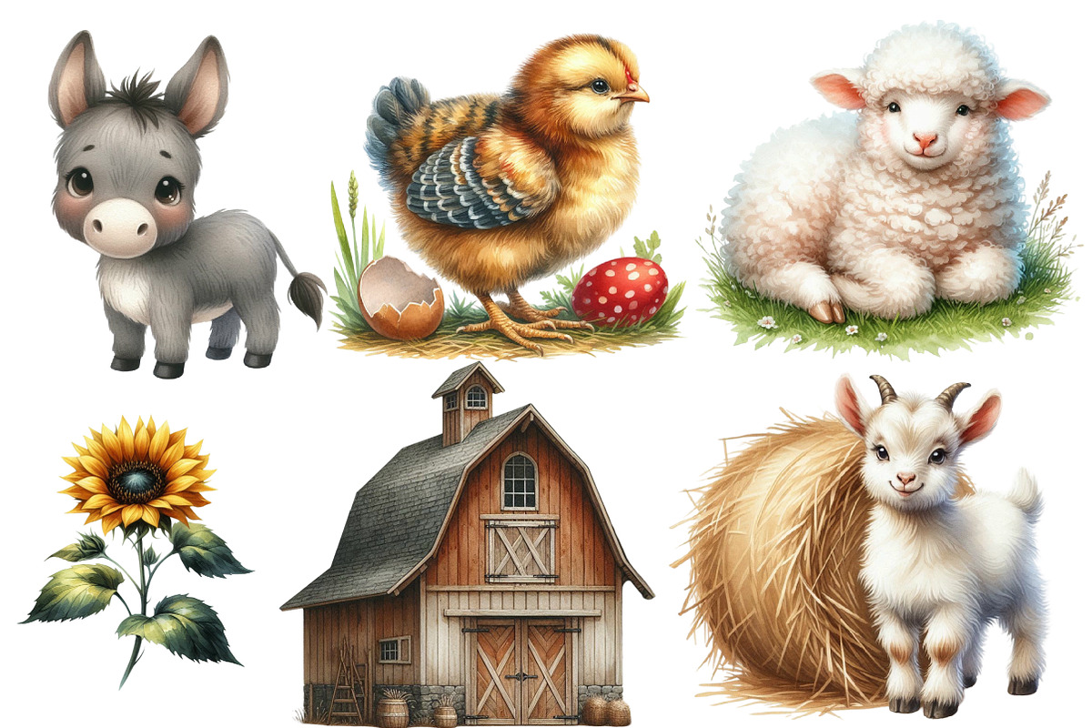Farm animals watercolor  clipart, an Illustration by Designworld (Photo 4 of 6)
