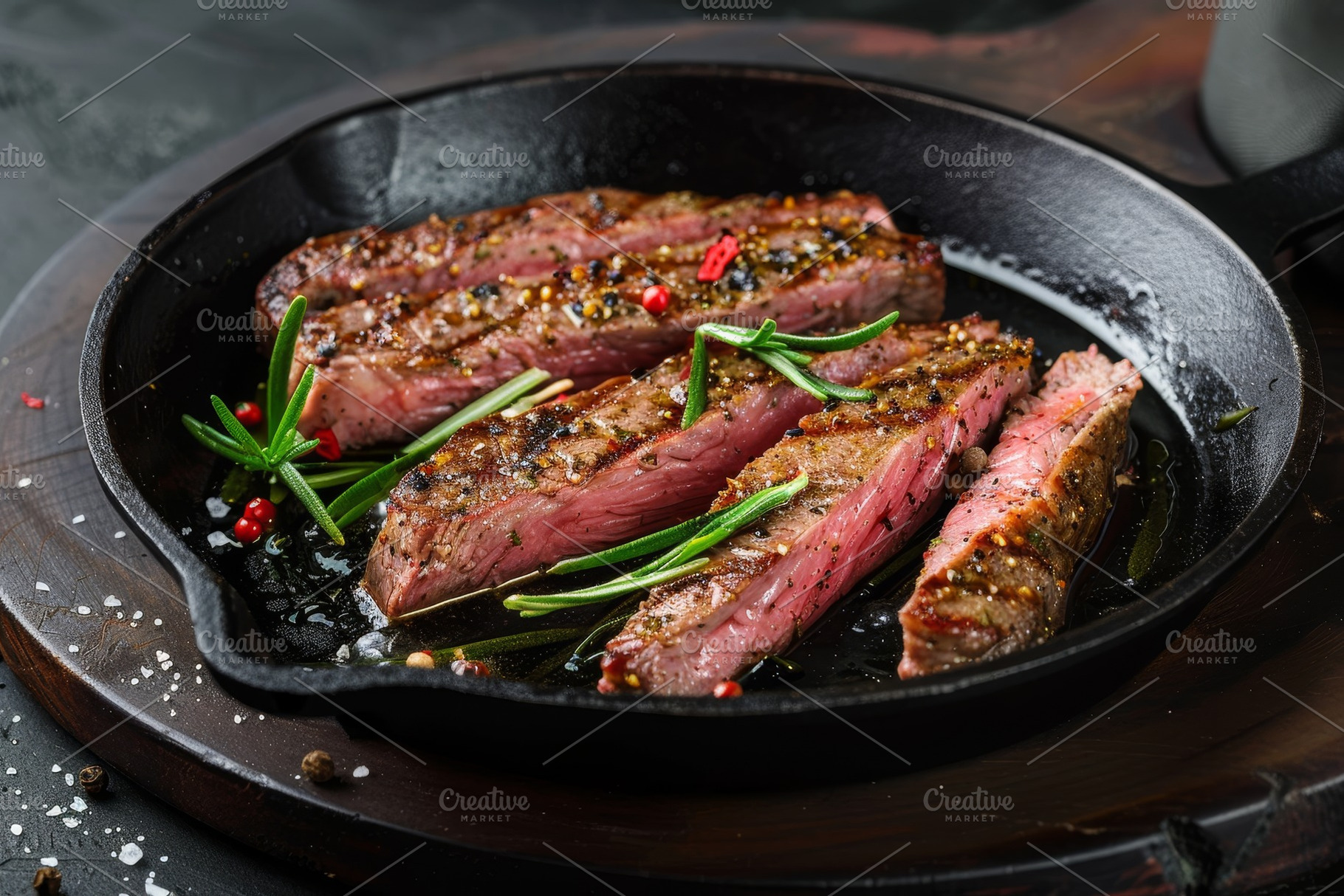 Juicy grilled steak slices resting i, a Photo by Tanuart