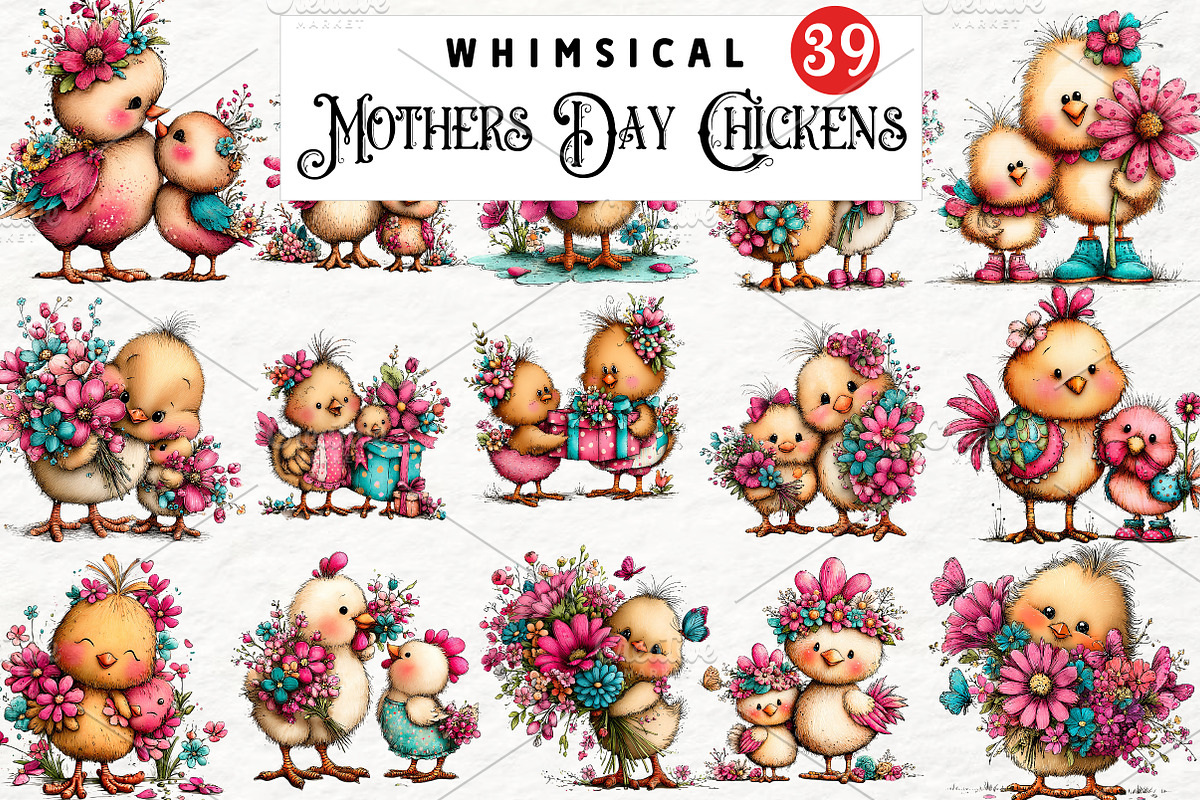 Whimsical Mothers Day Chickens, an Animal Illustration by Watercolor design (Photo 1 of 6)