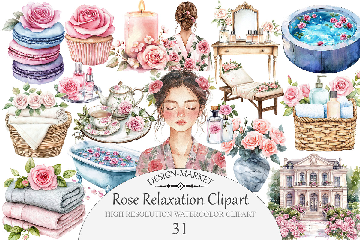 Watercolor Rose Relaxation Clipart, an Illustration by Design Market (Photo 1 of 4)