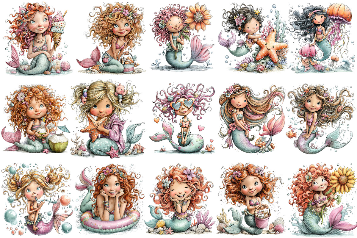 Whimsical Summer Mermaid Clipart, an Illustration by OK Design (Photo 3 of 6)