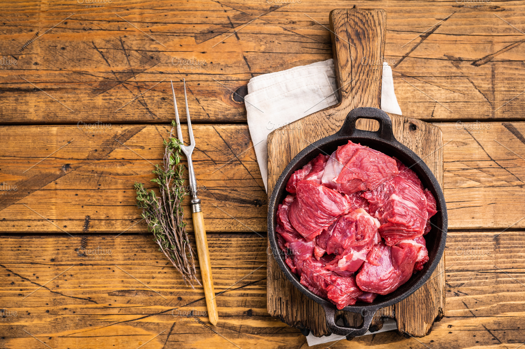 Freshly cut raw beef neck meat, waiting to be seasoned and cooke, a Food & Drink Photo by composter-box@mail.ru