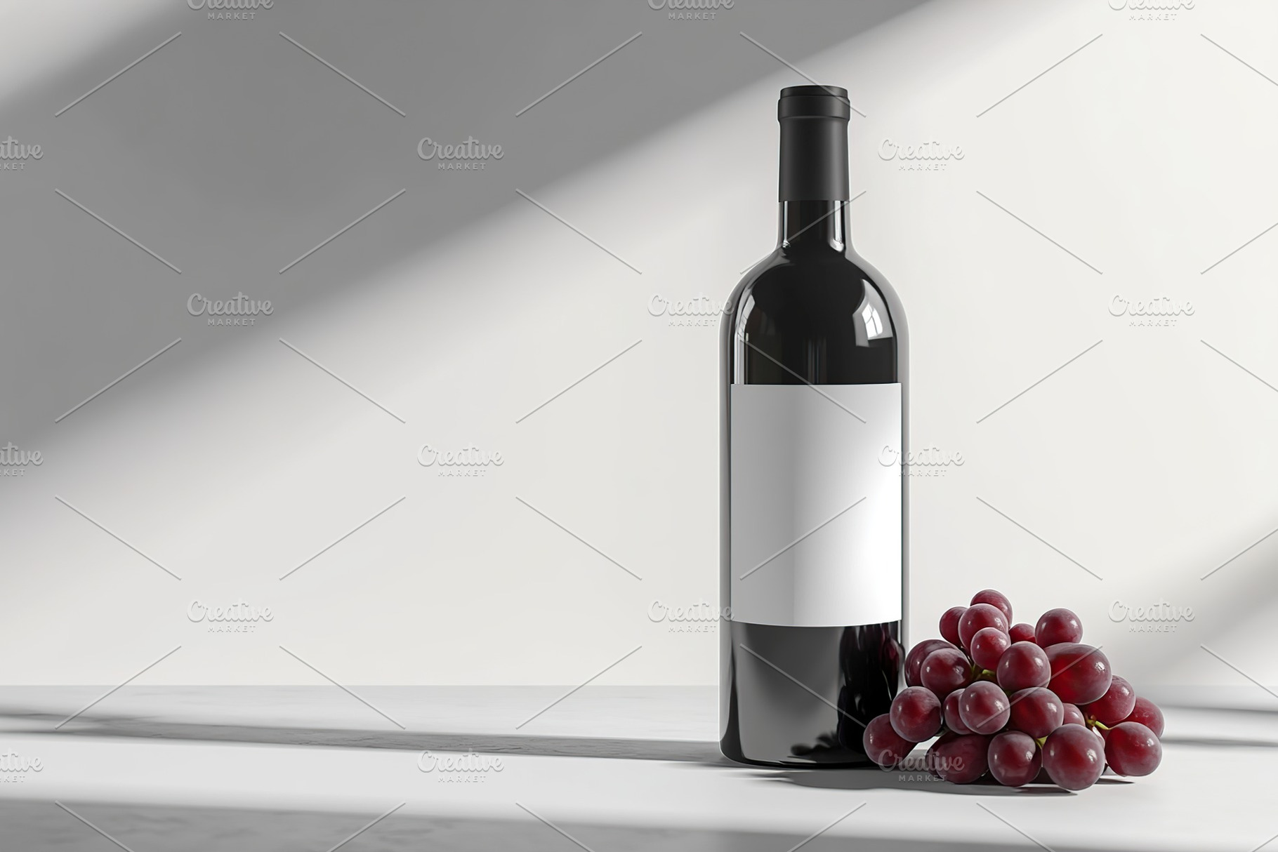 Blank label wine bottle displayed alongside fresh grapes on a table with soft l, a Food & Drink Photo by AlyaAnd