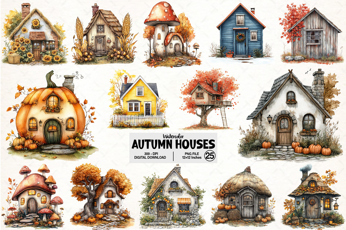 Watercolor Autumn Houses Clipart, an Illustration by Pixels.Craft (Photo 1 of 7)