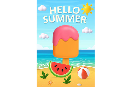 3D Hello Summer Beach Scene with Ice