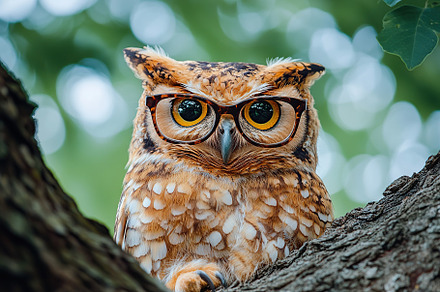 Great wild owl perched in a tree branch, an Animal Photo by AlyaAnd